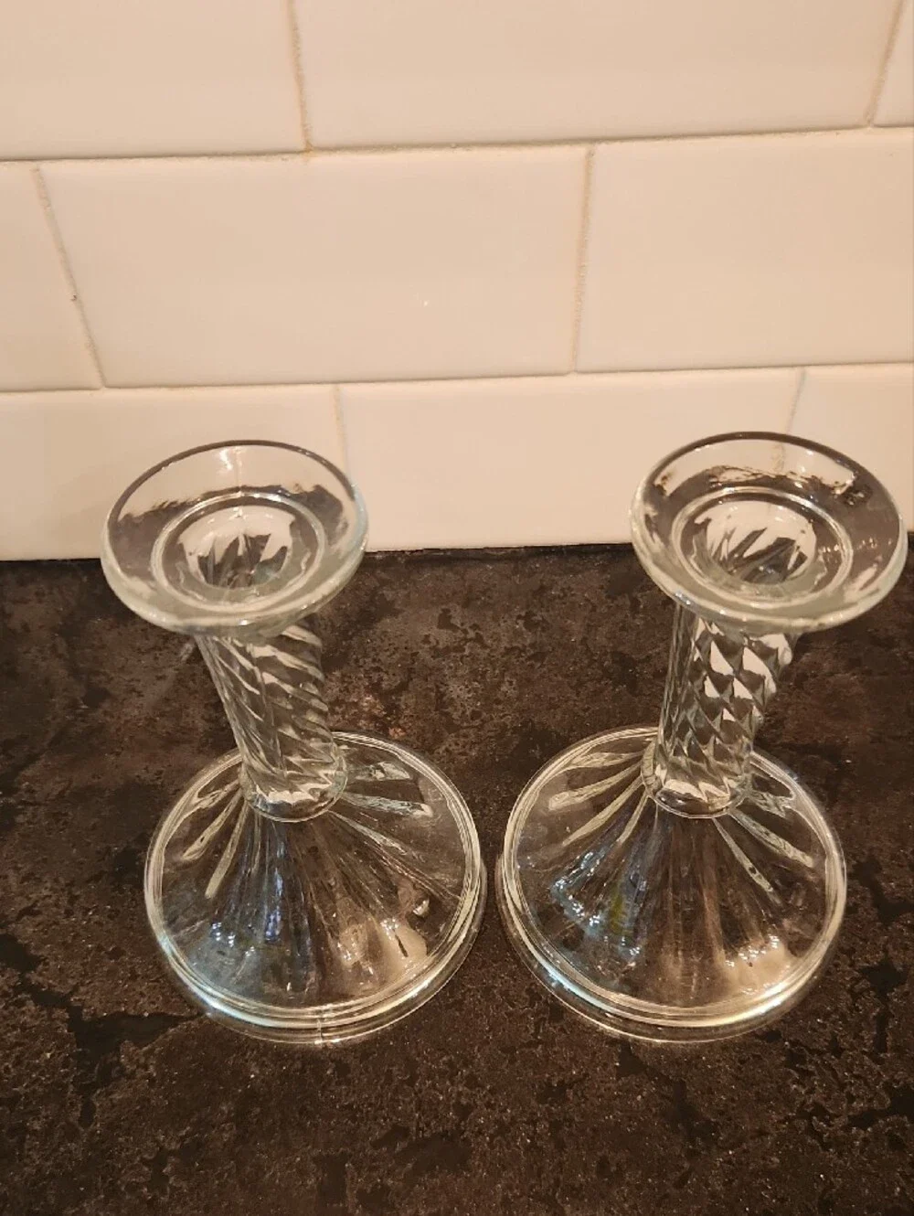 Vintage Indiana Glass Caledonia Candlestick Holders, Clear Swirl Taper Pair